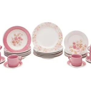 Aparelho De Jantar Chá 30 Peças Biona Cerâmica Redondo Rosa