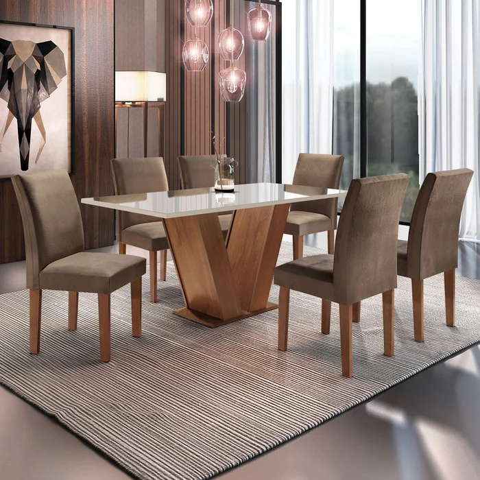 Conjunto Sala de Jantar Mesa Tampo de Vidro 6 Cadeiras Espanha Yescasa Chocolate/Off White/Tecido Animale Marrom